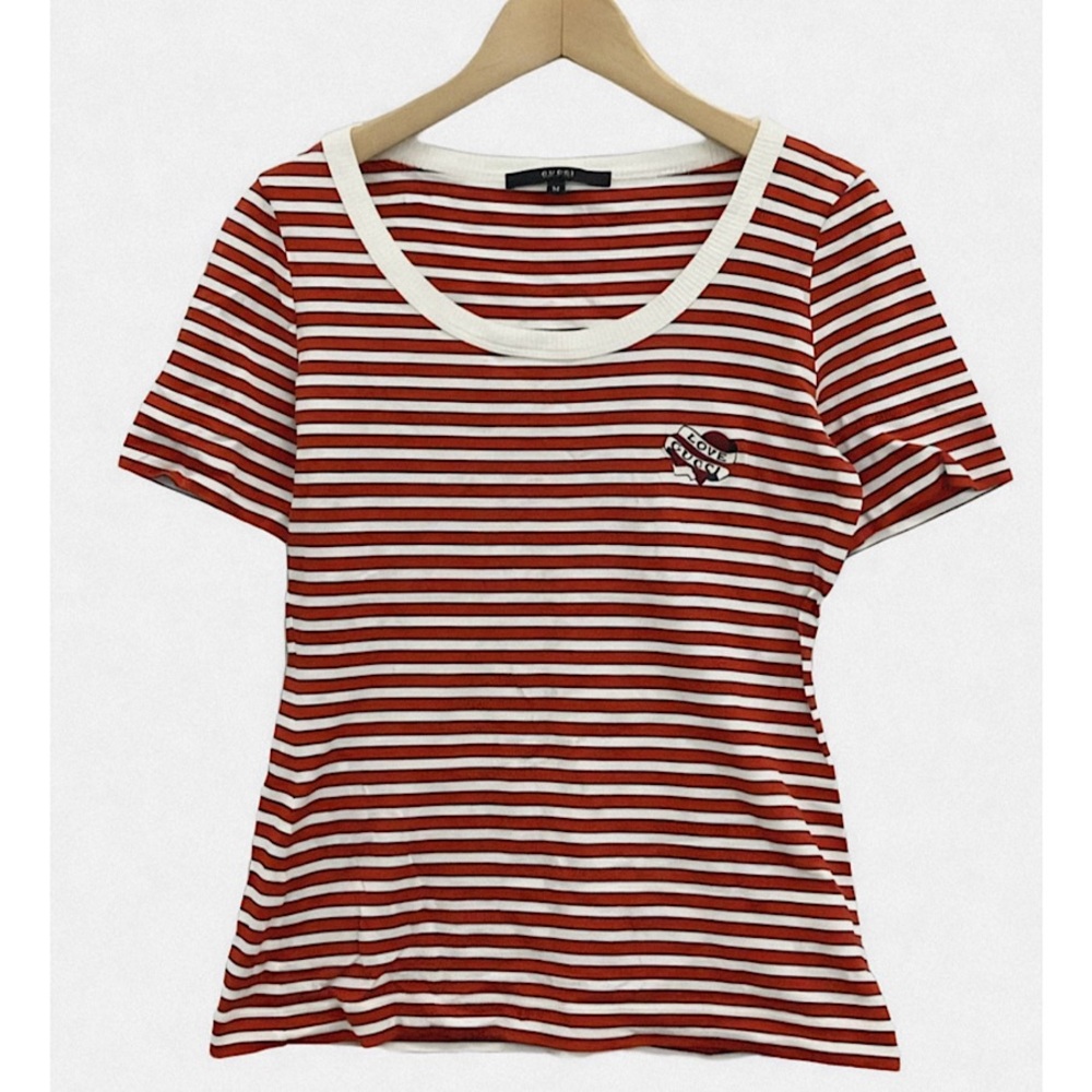 Authentic Gucci Tom Ford Knit Cotton Web Striped “Love Gucci” Embroidered Tee